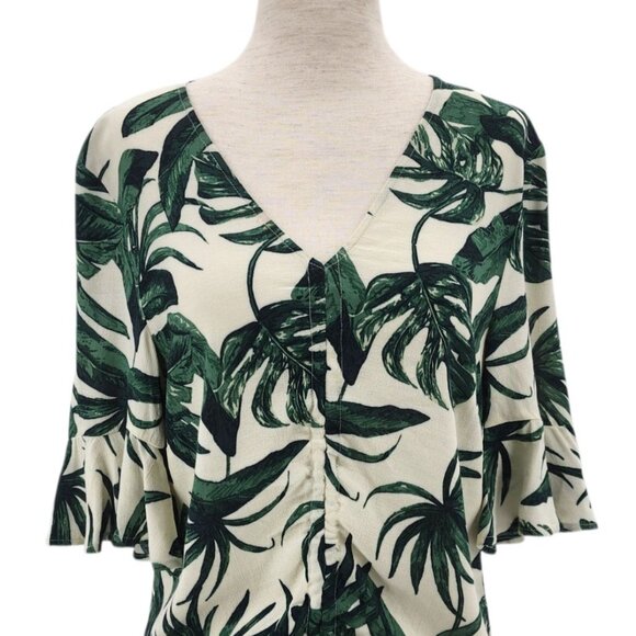 NEW H&M Womens 4 Top Tropical Leaf Ivory Green Bell Sleeve V-Neck Boho Party - Picture 2 of 10